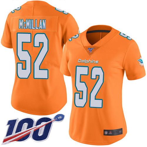 Nike Miami Dolphins #52 Raekwon McMillan Orange Women Stitched NFL Limited Rush 100th Season Jersey